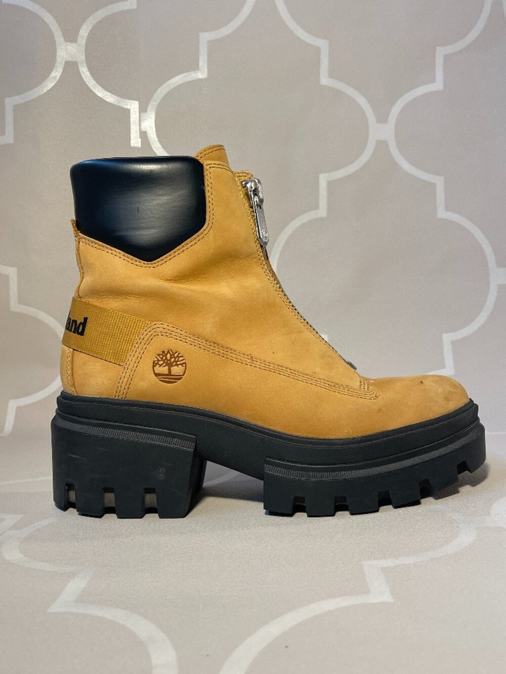 Timberland Everleigh Wheat Nubuck Leather Front Zip Platform Boots Women's